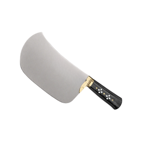 Couteau à viande robuste en acier argenté, lame large courbée, manche noir, bolster doré, pour boucher et cuisine - Product Image 1