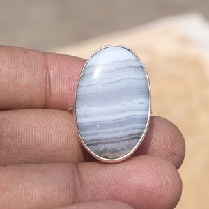 Anillos Unisex Hechos a Mano con Cabujón de Ágata Azul Ovalada Natural, Plata de Ley 925, Chapado en Oro Rosa/Auricular, Estilo Boho - Product Image 6