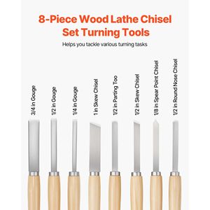 Set di 8 Utensili per Tornitura del Legno con Lame in Acciaio al Carbonio per Intaglio del Legno: 2 Scalpelli Obliqui, 1 Scalpello a Punta, 1 Scalpello da Taglio, 1 Scalpello a Punta Fine, 3 Scalpelli per Tornio - Product Image 2