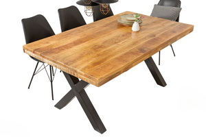 Table de salle à manger moderne en bois de manguier massif, style européen, avec pieds en métal en X, finition brute, surface lisse et plateau carré, pour la maison et la cuisine - Product Image 2