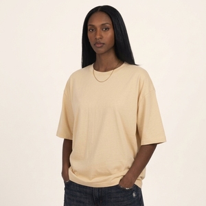 High Quality Women's Solid <b>Stitching</b> Trim Short Sleeve Crew Neck Loose Fit Oversized Cotton Jersey T-Shirt <b>Top</b> for Women - Product Image 1
