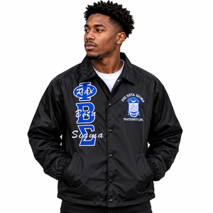 Chaqueta Cortavientos Negra para Hombre Phi Beta Sigma con Letras Griegas Bordadas, Cierre de Botones a Presión, Manga Larga, Estilo Casual - Product Image 1