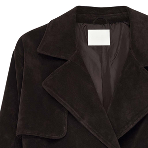 เสื้อโค้ทผู้หญิงแบบยาว ผ้าวูลผสมหนังกลับเทียม พร้อมเข็มขัด สีน้ำตาล สไตล์ลำลอง ผลิตจากโพลีเอสเตอร์รักษ์โลก รับผลิตแบบ OEM ODM - Product Image 3