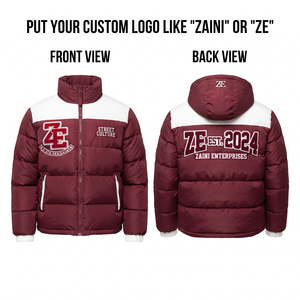 Premium 300 GSM Polyester Puffer Jacket Burgundy Contrast Quilted Panels Custom Embroidered Applique Logo Winter <b>Coat</b> - Product Image 1