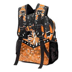 Cheer <b>Backpack</b> Orange Black White Glitter Print Front Logo <b>Children</b> Polyester Material Zipper Closure Waterproof Glitter Cheer - Product Image 4