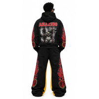 Ensemble de survêtement noir à capuche pour homme, style streetwear, imprimé flamme intégral, en polyester, sweat-shirt et pantalon, pour l'automne