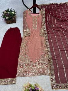 Conjunto de Salwar Kameez de Seda Rosa Dorado de Lujo, Kurta Recta con Bordado Zari Tradicional, Pantalón Palazzo Color Granate, Ropa India y Pakistaní para Mujer - Product Image 4