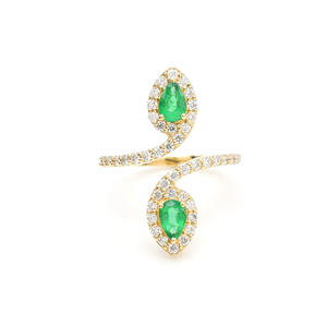 Anillo ajustable Toi et Moi Serpent Bypass de oro amarillo de 14 quilates con diamantes naturales y esmeralda talla pera con halo para mujer - Product Image 1