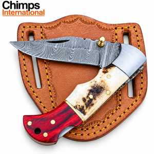 Couteau pliant artisanal Wazirabad Pakistan pour la chasse et le camping, lame en acier Damas à pointe tombante de 7 pouces, manche en bois de cerf, garantie de 3 ans - Product Image 1