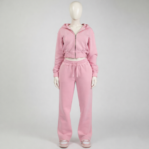 Conjunto de dos piezas: Sudadera con capucha corta rosa desgastada con lavado ácido y joggers para mujer, chándal de corte holgado para mujer - Product Image 3