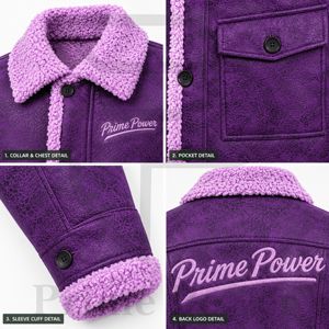 เสื้อแจ็คเก็ตหนัง PU สีม่วงสำหรับผู้ชาย ยี่ห้อ Prime Power บุขนเชอร์ปา ปกคอพับได้ กันลม เสื้อโค้ทลำลองสำหรับฤดูหนาว จากโรงงานผู้ผลิตโดยตรง - Product Image 3