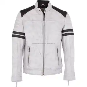 100% Real Genuine White Leather Biker Men Jacket Style Slim Fit Racer Men Jacket with Two Side Pockets OEM Factory Habitat