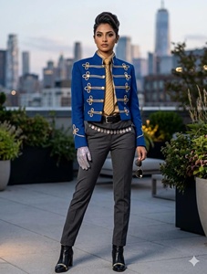 Traje Azul para Hombre con Bordado Dorado, Cuello de Solapa, Estilo Británico Formal, Pantalones y Chaqueta - Product Image 1