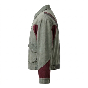 Chaqueta de hombre estilo motero occidental de mezclilla lavada vintage con bloques de color, bordado personalizado en la espalda, estilo urbano, abrigo informal. - Product Image 4