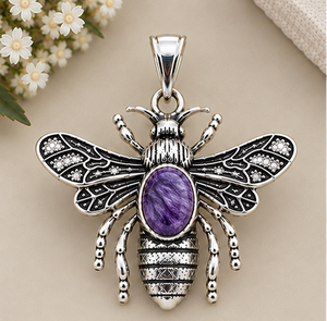 Pendentif en argent Charoite, Pendentif abeille en Charoite, Pendentif pierre précieuse violette, Pendentif insecte en argent sterling 925 - Product Image 2