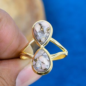 Natural Pink Opal Copper Pear Shape Gemstone Ring Handmade18K Gold Micron Over 925 Sterling Silver - Product Image 2
