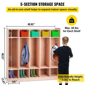 5 Section Coat Locker 48x12x48 Inch Daycare Cubby Coat Rack with Backpack Hanger 5 Hooks for Classroom <b>Wall</b> <b>Storage</b> - Product Image 3