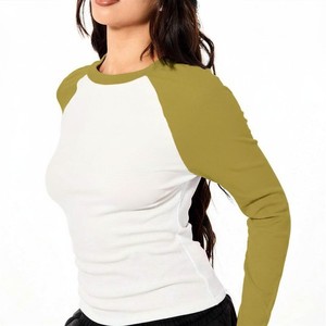 Top Corto de Manga Larga con Bloques de Color y Cuello Redondo para Mujer, Ajuste Delgado, Tejido de Punto, Casual, Transpirable, de Algodón y Spandex - Product Image 3