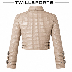 Women's Motorcycle <b>Quilted</b> PU Leather <b>Jacket</b> Solid <b>Pattern</b> Stand Collar Zipper Front Cropped Style Belt Detail Windproof - Product Image 2