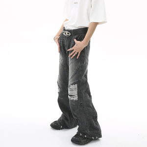Jean baggy ample et droit pour homme, style classique, nouveau design, coupe large, long, style hip-hop, en coton délavé et usé - Product Image 3