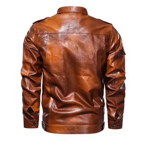 Chaqueta de Motociclista para Hombre, de Cuero Vacuno Genuino Marrón, con Cuello Camisero, Cierre de Cremallera, Corte Regular, Estilo Otoñal - Product Image 3