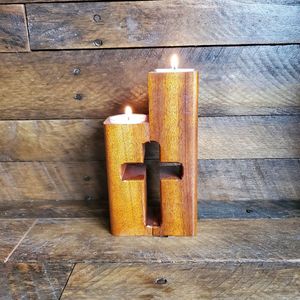 Porte-bougie en bois artisanal, décoration rustique pour la maison, support de bougie pour centre de table, décoration de mariage et de fête - Product Image 6