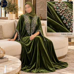 Tela de Terciopelo Verde Oliva con Bordado Floral Multicolor |   Tela Decorativa Adornada para la Confección de Elegantes Abayas y Vestidos - Product Image 3