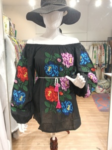 Boho Floral Embroidery Puff Sleeve Midi <b>Dress</b> Scoop Neck <b>Loose</b> Fit Cotton Linen Breathable Cotton Summer Casual <b>Dress</b> - Product Image 2