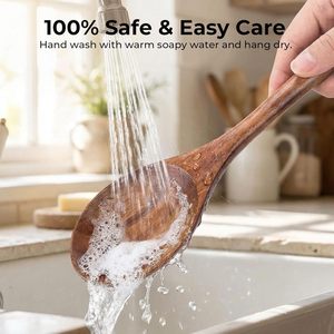 Cuillères en bois pour la cuisine, ustensiles de cuisine en bois d'acacia, cuillères de service en bois de 12 pouces pour poêles antiadhésives, prise en main confortable - Product Image 3