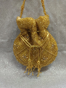 Hand Embroidered Gold Beaded Half Moon Potli Bag with Zari Work Crystal Accents & Drawstring Tassels for Bridal Wear Fashion - Product Image 4