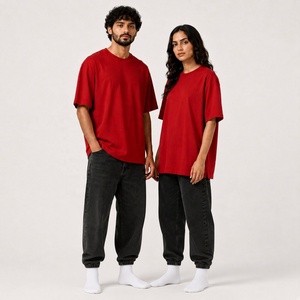 Unisex <b>Red</b> Oversized T <b>Shirt</b> with Drop Shoulder Crew Neck Short Sleeves and Relaxed Fit for Casual Streetwear - Product Image 2