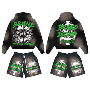 Conjunto de shorts y sudadera con capucha de algodón de verano, tallas grandes personalizadas, con cremallera, pedrería completa, efecto desgastado por el sol, bordado con efecto desgastado en la cintura y lavado ácido - Product Image 4