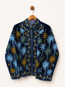 Chaqueta de terciopelo azul marino con bordado de palmeras para ocasiones especiales, abrigo de invierno con motivos botánicos, ropa exterior floral estilo bohemio. - Product Image 2