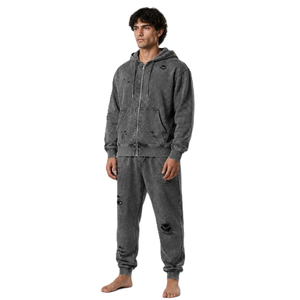 Men's Acid Wash Distressed Tracksuit <b>Full</b> <b>Zip</b> <b>Hoodie</b> Sweatpants Set Solid Color Casual Streetwear Breathable Eco-Friendly - Product Image 5