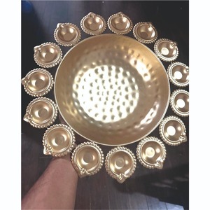 Handmade Metal Gold Urli Bowl with Diya Holders for Diwali Decor Wedding Centerpiece <b>Flower</b> Floating Pot Home Decorative Bowl - Product Image 1