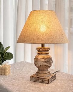 <b>Rustic</b> Distressed Wood <b>Table</b> Lamp Jute Dome Shade Farmhouse <b>Bedside</b> Night Light for Living Room - Product Image 1