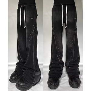 Los Mejores Pantalones Acampanados Negros para Hombre, Transpirables, de Peso Medio, con Cintura Elástica, Cordón Ajustable, Detalle de Remache, Dobladillo Desgastado, Estilo Urbano, Tejidos - Product Image 3