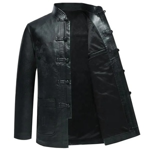 PU Leather <b>Jacket</b> Tang Suit <b>Men</b> Plus <b>Velvet</b> Thick Loose Cotton Coat Winter Stand Collar Casual Disc Buckle Outerwear - Product Image 1