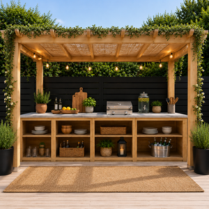 Pérgola de Lujo para Exteriores con Cocina y Barra, Estantes de Almacenamiento, Estación de Entretenimiento Moderna de Madera para Jardín con Encimera - Product Image 1