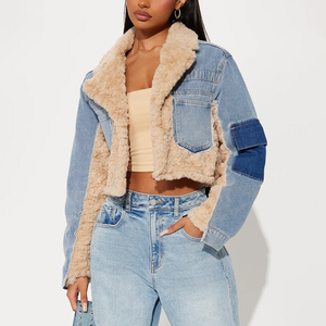 Women's Sherpa <b>Denim</b> <b>Jacket</b> Faux Fur Patchwork <b>Cropped</b> <b>Denim</b> <b>Jacket</b> Winter Warm Custom OEM ODM Fashion Streetwear Coat - Product Image 1