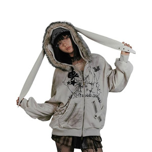 Bunny Ear Striped Long Sleeve Hoodies Women Harajuku Y2k Zip Up <b>Sweatshirts</b> <b>Cute</b> Style Autumn Winter Hoodies - Product Image 2