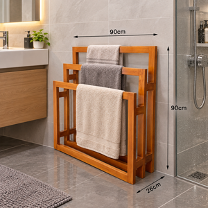 Porte-serviettes en bois massif sur pied, support de serviettes de bain à 3 niveaux avec barres - Product Image 2