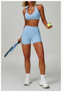Ensemble de yoga uni pour femme, haut à manches longues avec fermeture éclair quart de tour, short taille haute, respirant, en Spandex et Polyester, sans couture, tenue d'entraînement, ODM OEM - Product Image 4