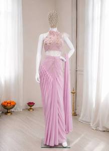 ชุดเดรสผ้าไหมเครปพรีเมียมปักลายอินเดีย/ปากีสถานประดับลูกปัดสีชมพู ยาวคลุมพื้น แบบสองชิ้น พร้อมผ้าคลุมไหล่ สำหรับงานแต่งงาน งานเลี้ยง และงานพิธีการ - Product Image 2