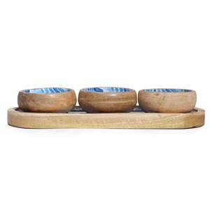 Ensemble de plateaux et de bols en bois, motif bleu, poli, pour la présentation de fruits, de desserts et de nourriture, décoration pour la maison - Product Image 4