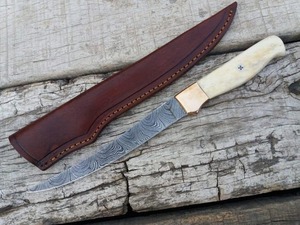 Handmade Damascus Steel Fillet <b>Knife</b> with Cow <b>Bone</b> <b>Handle</b> and Leather Sheath for Outdoor Activities - Product Image 4