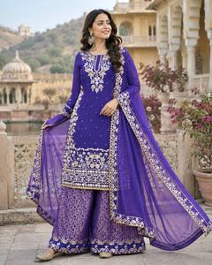 Traje Anarkali Tradicional Bordado para Mujer, Color Morado, Algodón, Largo hasta el Suelo, Traje Étnico para Boda, Estilo India Pakistán, Secado Rápido - Product Image 2