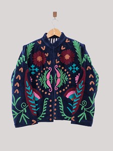 Hand Embroidered Floral Velvet Jacket Mandarin Collar Full Sleeve Plus Size Women'<b>s</b> Autumn Coat - Product Image 1