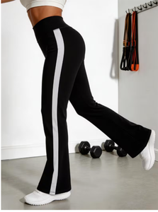 High Waist Black Flare Pants With <b>White</b> Side Stripe Sporty Yoga Pants Full Length Elastic Waist Women s Activewear Summer Style - Product Image 4