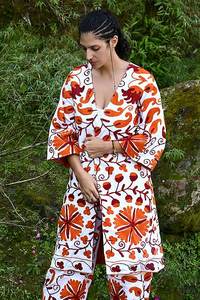 Suzani Embroidery Vibrant Orange And Rust Women's Jacket & Pant Combo With Side Pockets Azo Free Dyed Fabric Cotton Cord <b>Set</b> - Product Image 3